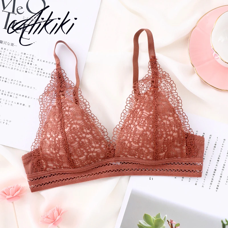 Women Thin Bras French Style Bralette Lace Wireless Triangle Cup Women Lingerie Soft Bra Seamless Underwear Deep V Lingerie