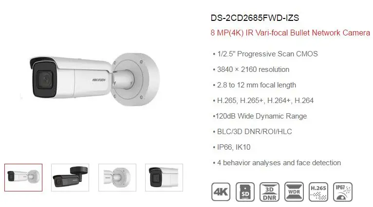 Hikvision оригинальная DS-2CD2685FWD-IZS пуля камера 8MP видеокамера POE CCTV 50 м IR диапазон IP67 IK10 H.265+ 2,8-12 мм зум