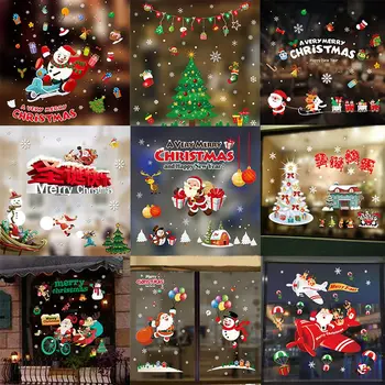 

Cute Christmas Tree Wall Sticker Decals Snowflake Accessories Window Glass Poster Mural Wall Art Christmas Party Decorations