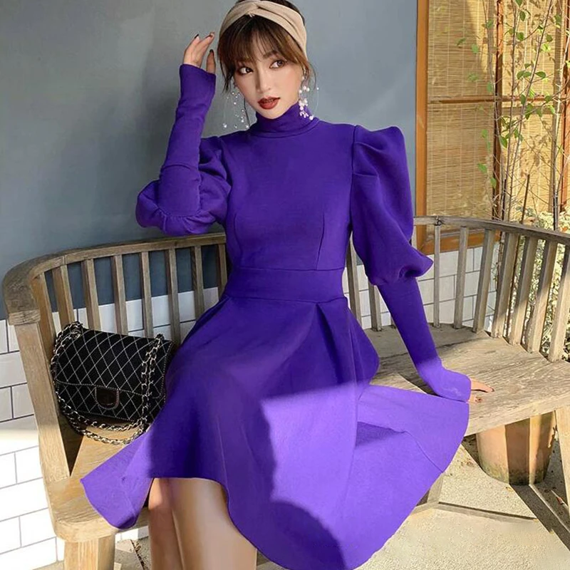 Cena TWOTWINSTYLE eleganckie sukienki dla kobiet golf Puff z długim rękawem wysokiej talii Ruffles Slim damska sukienka 2019 modna odzież