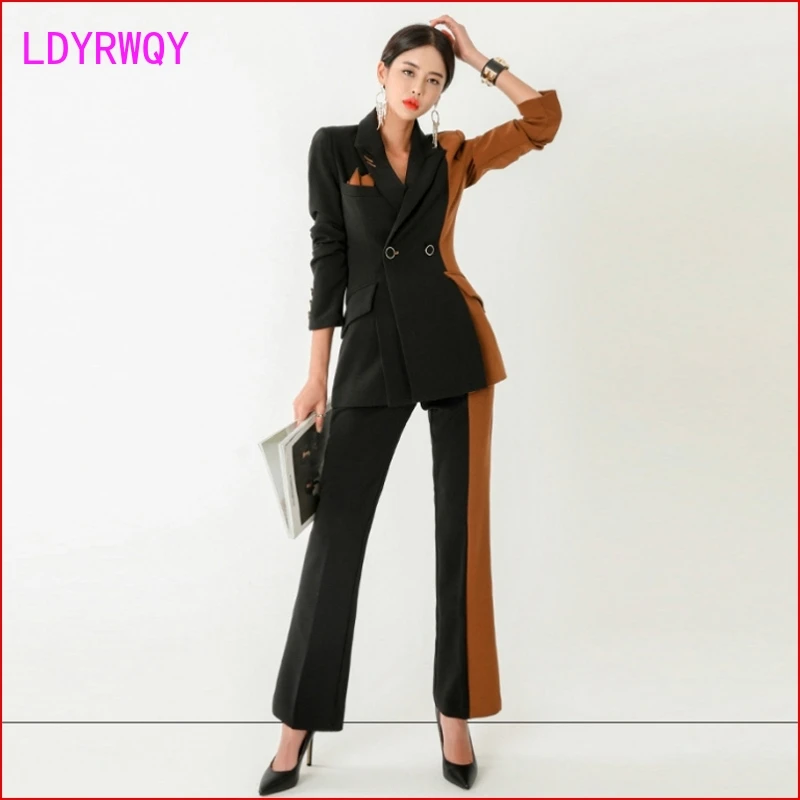 

2019 autumn Korean version of commuter fashion color matching suit jacket + high waist slimming temperament trousers two sets