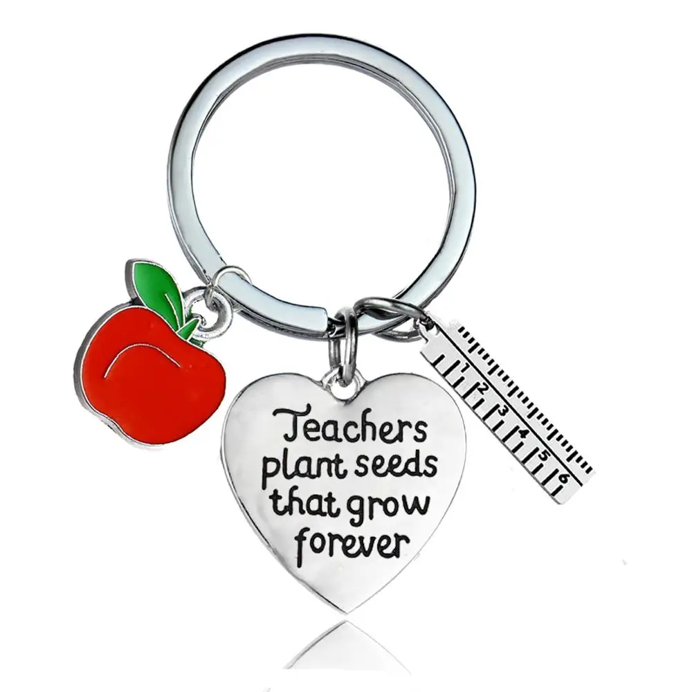 

12PC Teachers Plant Seeds That Grow Forever Heart Keyrings Red Apple Ruler Charm Pendant Keychains Thank You Teacher's Day Gifts