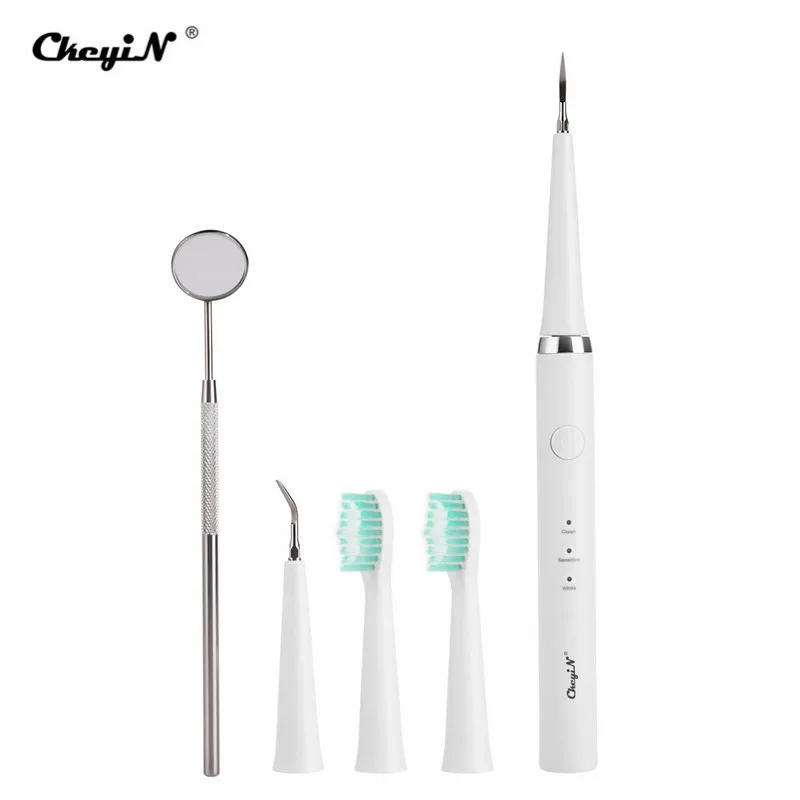 CkeyiN Электрический звуковой стоматологический инструмент для удаления зубного камня, инструмент для удаления дыма, удалитель пятен, инструмент для отбеливания зубов с 2 головками щеток - Цвет: Белый