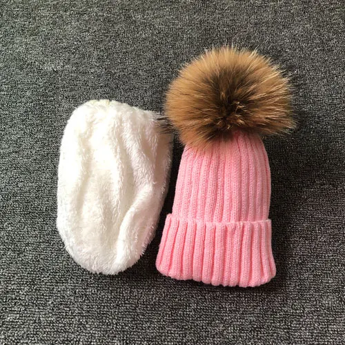 Детские зимние шапки, модные вязаные шапки Skullies, Детские шапочки для мальчиков и девочек, шапки с помпоном из натурального меха енота, Комплект детских шапок и шарфов - Цвет: pink hat