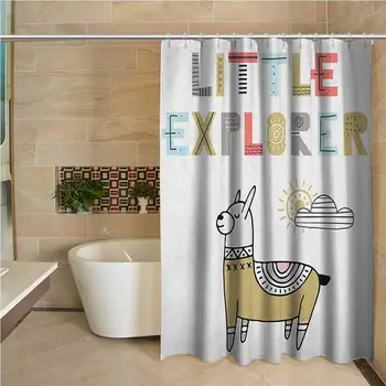 

Kids Precision Custom Shower Curtain Hand Drawn Colorful Llama on Sunny Day with Little Explorer Quote in Colorful Letters