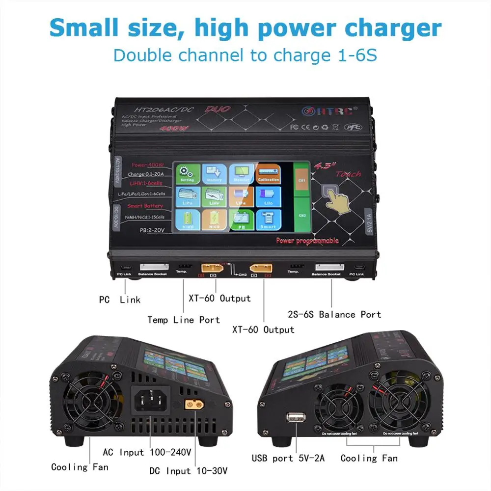 HTRC Balance Lipo Charger AC/DC HT206 DUO 400W 40A Dual Port LCD Touch Screen Lilon/LiPo/LiFe/LiHV Battery Discharger RC Charger
