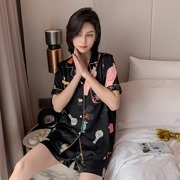 

Silky 2PCS Pajamas Suit Sleepwear Women Shirt&Pants Satin Summer New Sleep Set Nightwear Casual Print Kimono Robe Gown Homewear