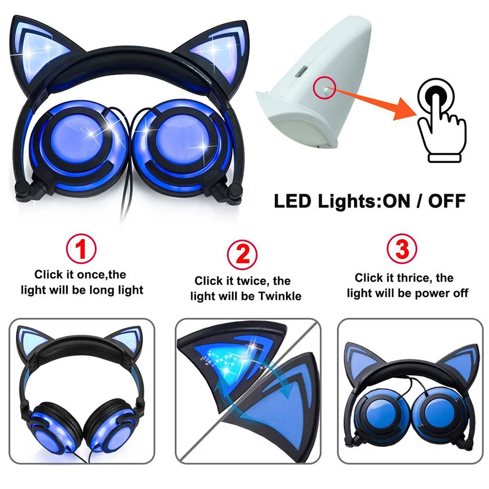 Cat Ear Wired Headphones Foldable Flashing Kids Gaming Headset Earphone With LED Light Earphone For PC Computer Mobile Phone