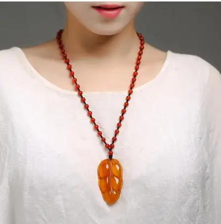 Ice seed chalcedony agate natural jade national wind leaf necklace long autumn and winter wild pendant sweater chain | Украшения и