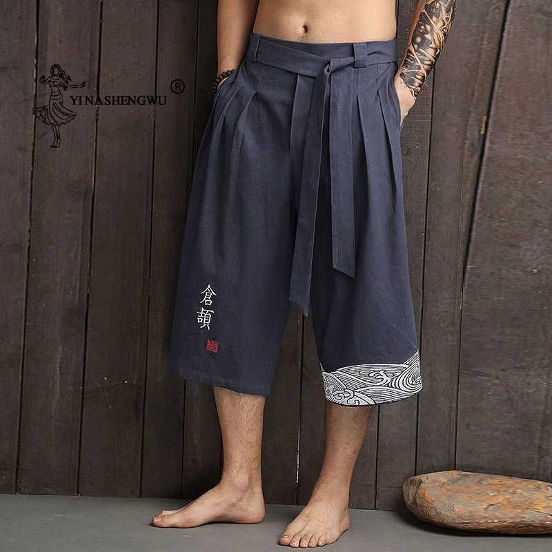 Традиционное японское кимоно брюки для мужчин азиатская одежда банные Брюки повседневные свободные мужские японский стиль юката брюки льняные укороченные брюки
