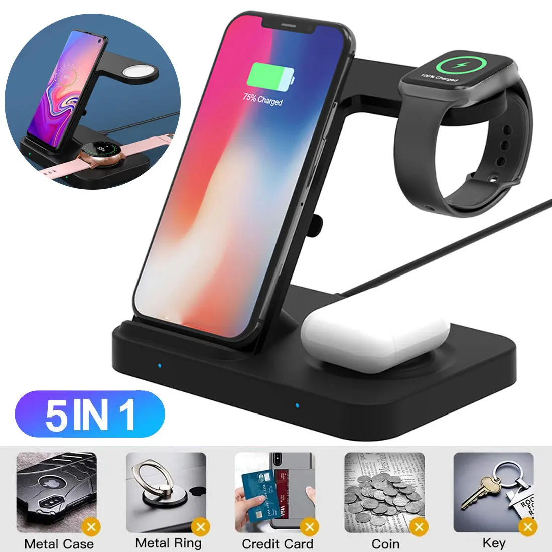 

5 in 1 Qi Wireless Charger For Samsung Galaxy S10 S20 S9 Note 10 9 Fast Wireless Charging Pad for iPhone 11 Pro XS Max XR X