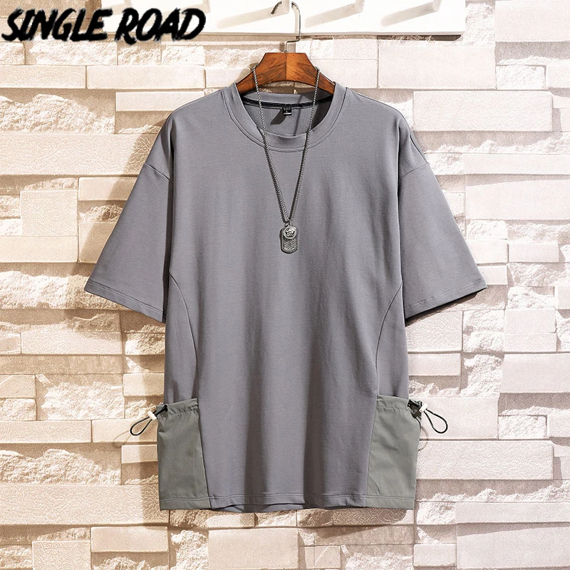 

SingleRoad Man's Grey T-shirt Men Oversized Plain Solid Pockets Cotton Punk Hip Hop Japanese Streetwear Tshirt Male T Shirt Men