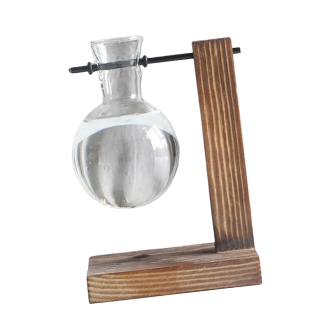 Retro Glass Flowerpot, Clear Glass Bulb Hydroponic Vase with Vintage Wooden Stand for Office Desktop Decoration