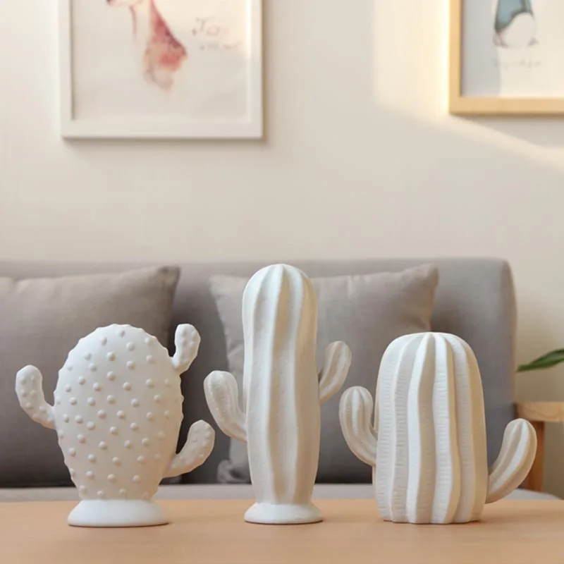 

Nordic Ceramic White Cactus Statues for Decoration Home Ornaments Simple Creative Plant Sculpture Wine Cabinet Modern Art Crafts