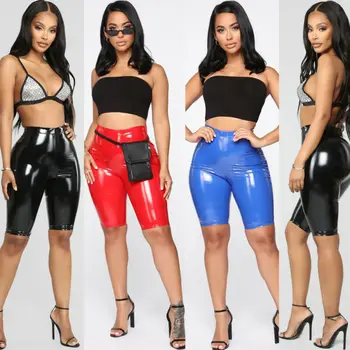 

Women Wet Look Shiny PU Leather Capri Leggings Bodycon PU Solid Color Leggings Leather Sexy Ladies High Waist