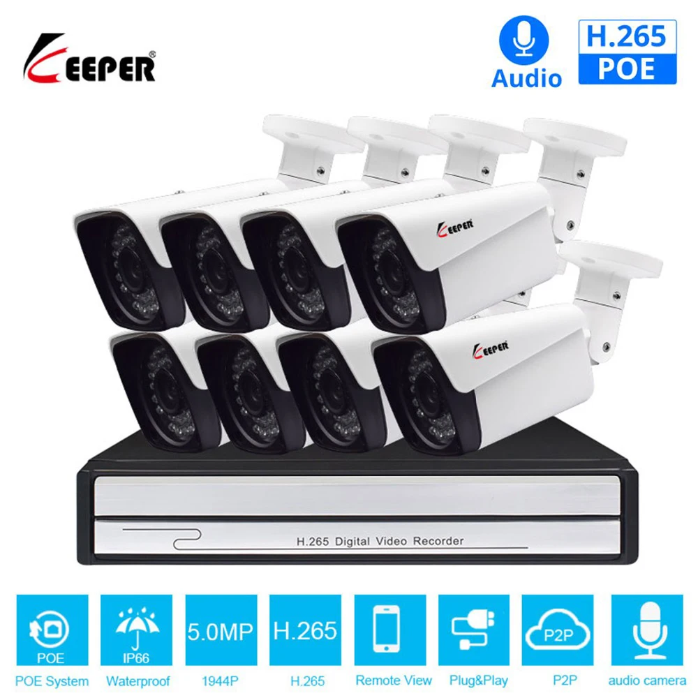 Хранитель H.265 8CH 5MP POE NVR система комплект с 8 шт Onvif IP камера видеонаблюдения Аудио