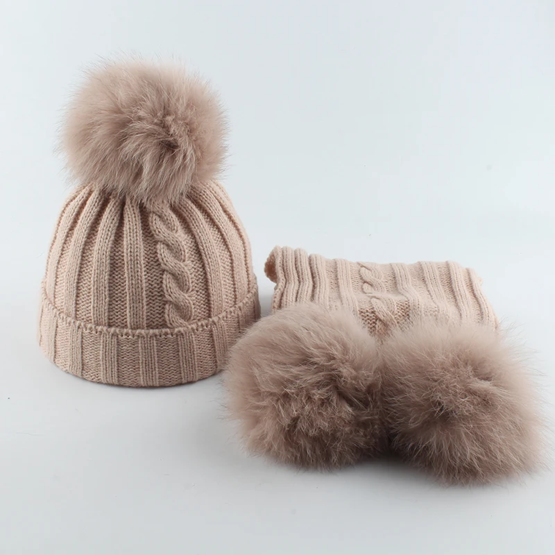 Kids Real Fox Fur Pompom Hat and Scarf Set Cute Baby Boy Girl Winter Hat Fleece Inside 3 Pieces Pompon Beanies