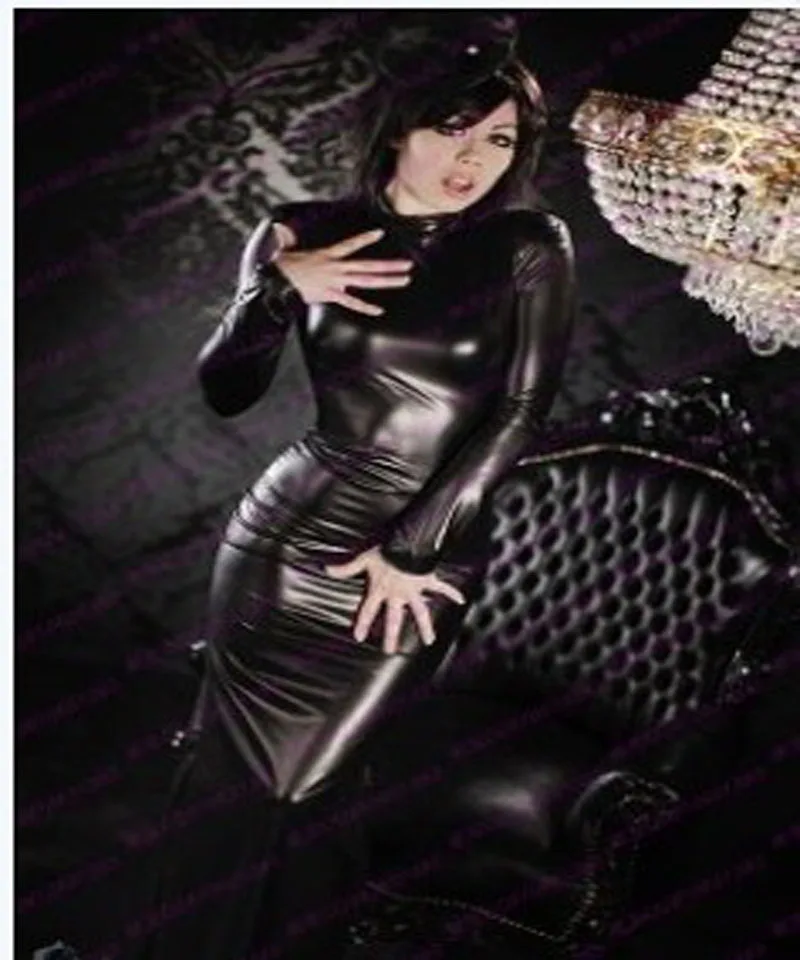 Сексуальная водолазка искусственная кожа платье для женщин с длинным рукавом средней длины Bodycon Vestidos эротический фетиш стрейч латекс облегающий Ночной костюм