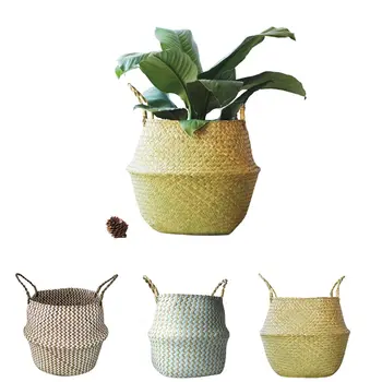 

1pcs Seagrass Woven Flower Basket Handmade Planter Tote Belly Storage Bag Home Sundries Organizer Handheld Flowerpot