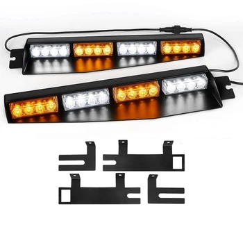 

NEW-(Yellow&White) 32LED Visor Lights 15 Flash Patterns Emergency Strobe Lights Windshield Split Mount Light Bar Law Enforcement