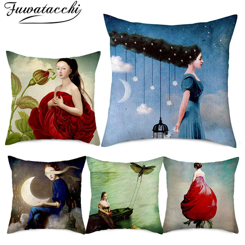 

Fuwatacchi Linen Oil Paiting Lady Picture Pillows Cover Pretty Woman Printed Cushion Covers for Home Sofa Decorative Pillowcases