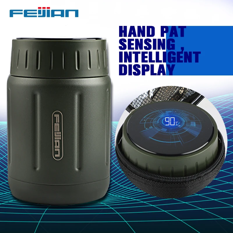FEIJIAN-fiambrera al vacío de acero inoxidable 316, termo de comida con pantalla inteligente de temperatura, contenedor de almuerzo de 750ML, vaso de café