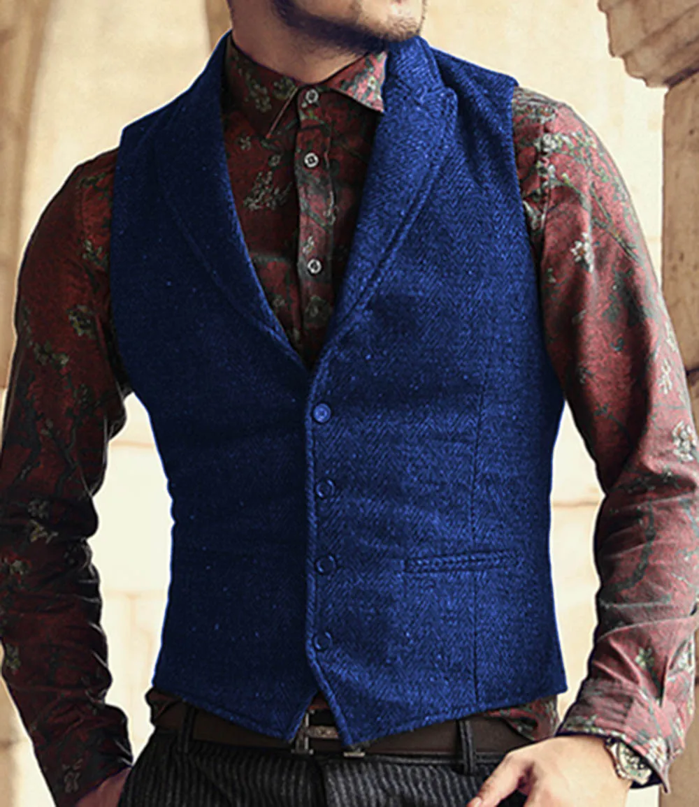 Men's Classic Suit Vest Herringbone Pattern Business Waistcoat Notch Lapel Wool Tweed Groomsmen Waistcoat for Wedding mens suit dress vests