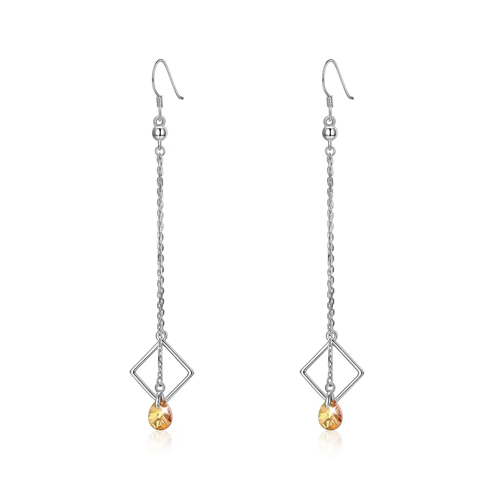 

S925 sterling silver ladies romantic long-line ear hooks Geometric square and water droplets crystal double earrings
