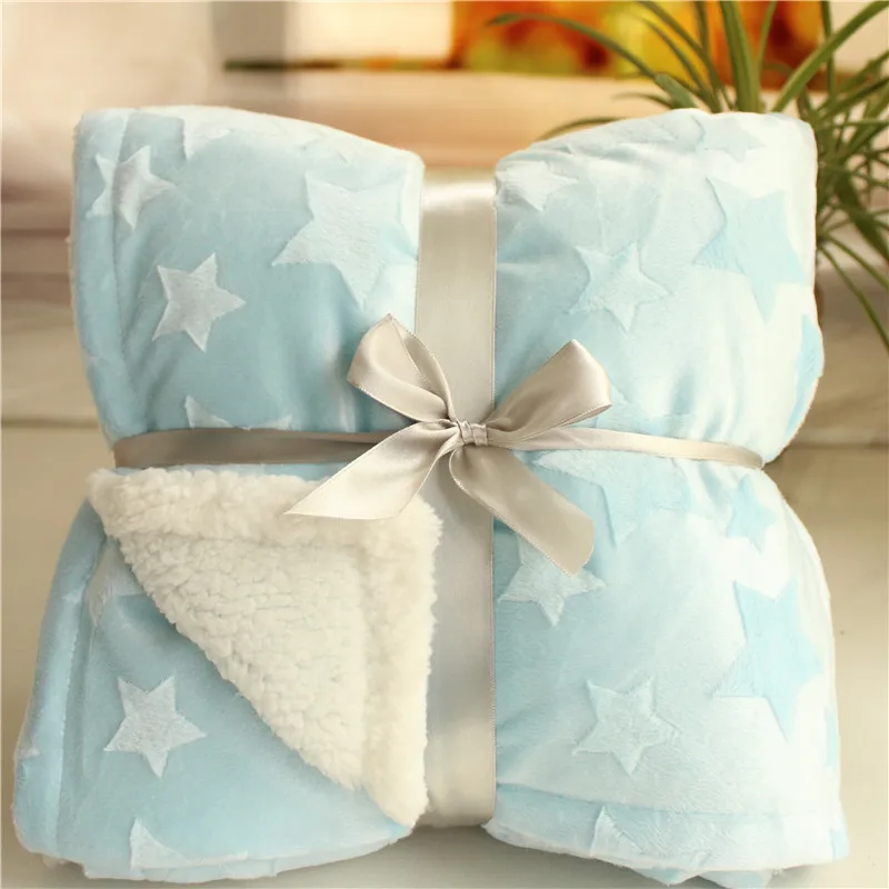 

2 layers Sherpa Winter Baby Blanket,Lovely Pink Blue Stars Infant Quilt,Thermal Newborn Baby Swaddle,Girl Boy Crib Beddings