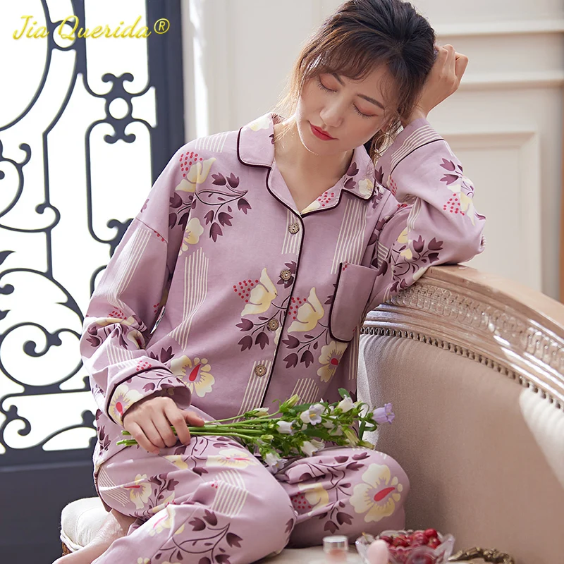

Plus Size Pajamas Elegant Ladies Home Clothes 100% Cotton Floral Printing Pijama Mujer Long Sleeved Lingerie Pjs Women's Pajamas