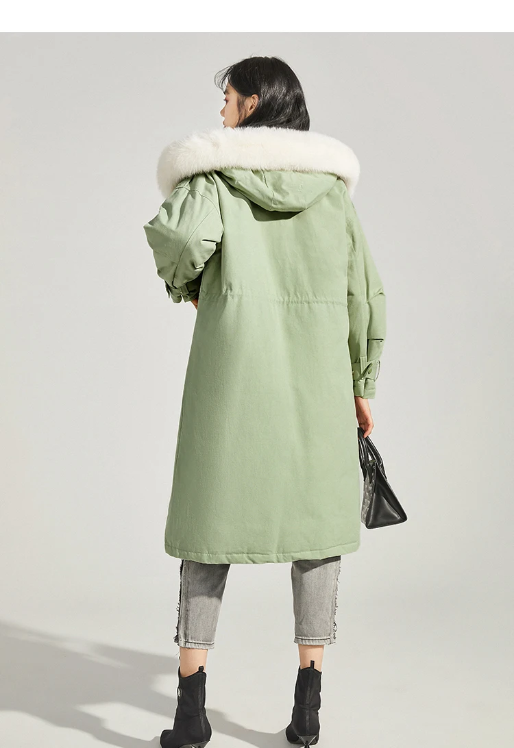 Зеленое пуховое пальто, длинные парки, новинка, зимнее Свободное пальто для женщин, модное пальто с меховым воротником, теплый пуховик, пальто WM163