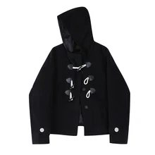 

Black Horn Button Woolen Coat Women's Autumn And Winter New College Style Hooded Short Cotton Jacket Female Stylish Simplicity