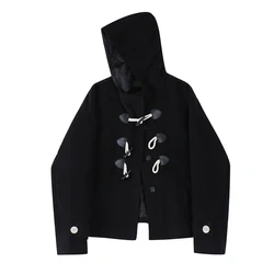 Black Horn Button Woolen Coat Women's Autumn And Winter New College Style Hooded Short Cotton Jacket Female Stylish Simplicity