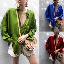 

Women Blouse Elegant Wine Red Green Satin Shirt Turn Down Collar Longth Sleeve Female Formal Office OL Blouse Women Tops