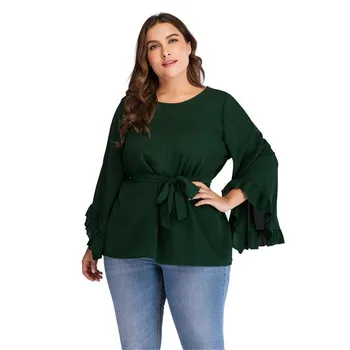 

Woman Round Neck T Shirt Solid Color Lace Up Belted Plue Size Autumn Flare Long Sleeve Elegant T-Shirt Ladies Casual Tops Female