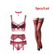 Varsbaby/ Модный сексуальный кружевной бюстгальтер пуш-ап+ трусики+ подвязки+ чулки+ ожерелье, Рождественский комплект из 5 предметов с бюстгальтером A B C D