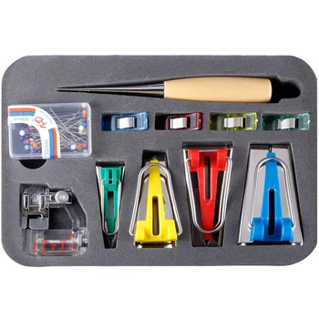 

MIUSIE Fabric Bias Tape Makers Kit with Sewing Awl Bead Needles Adjustable Binder Clip Wooden Awl Foot Press -Practical Bias
