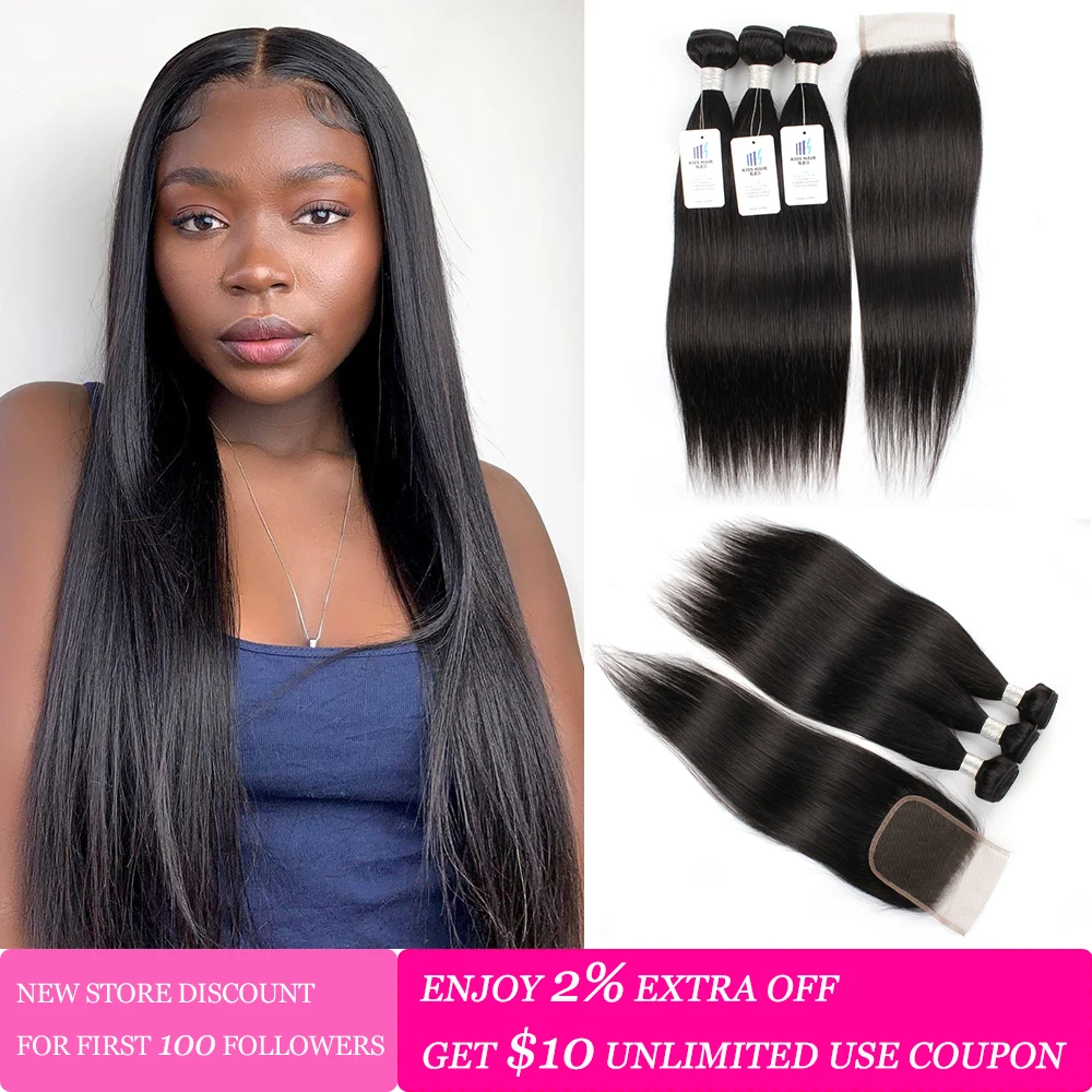 

Kisshair 3 bundles with closure natural color Brazilian human hair straight non remy double weft shedding free hair extension