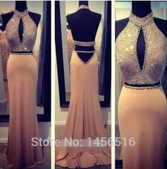 Женское платье vestido de renda, два предмета, сексуальное, с открытой спиной, с бисером, с высоким воротом, вечерние платья, длинное платье для матери невесты - Цвет: Шампанское