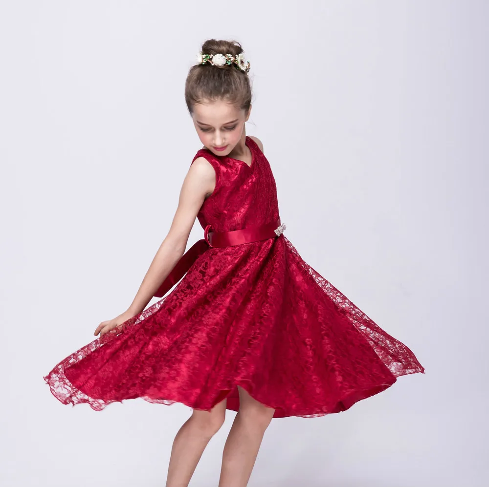 Estilo de Flor Vestidos com Strass Casamento da Dama Novo Meninas Vestidos Crianças Rendas Faixa Festa Honra Roupas 4 rendas vestidos com strass faixa crianças festa