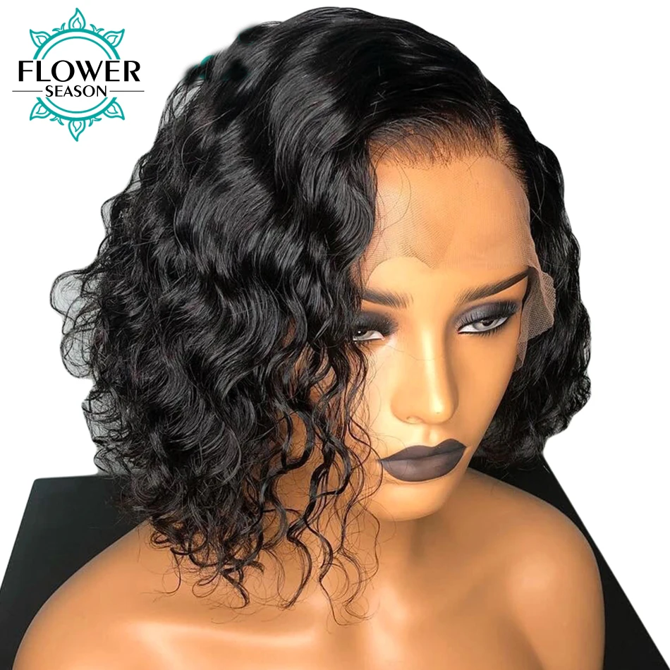 

Short Curly Human Hair Wig 13x6 Lace Front Wigs With Baby Hair Deep Part Lace Frontal Brazilian Remy Hair For Women FlowerSeason