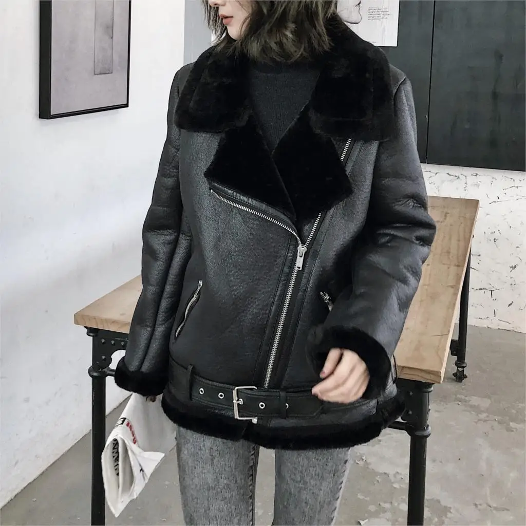 Винтажная куртка из искусственной кожи, женское меховое пальто, зимнее черное кожаное пальто с меховым воротником, Толстая теплая мотоциклетная байкерская куртка