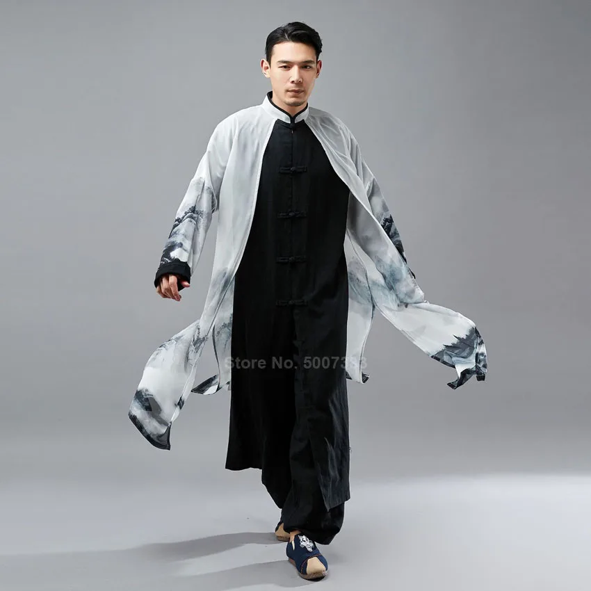 

Long Linen Robe Chiffon Cloak Fake 2PCs Traditional Chinese Tang Suit for Men Oriental Retro Kungfu Suit Hanfu Shirt Gown