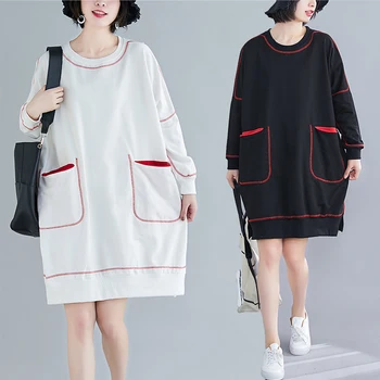 

BIG SIZE Spring Autumn Women Fashion Embroidery Pocket Tops Ladies Female Plus Large Long Cotton Loose Split Hooded Sweatshirt