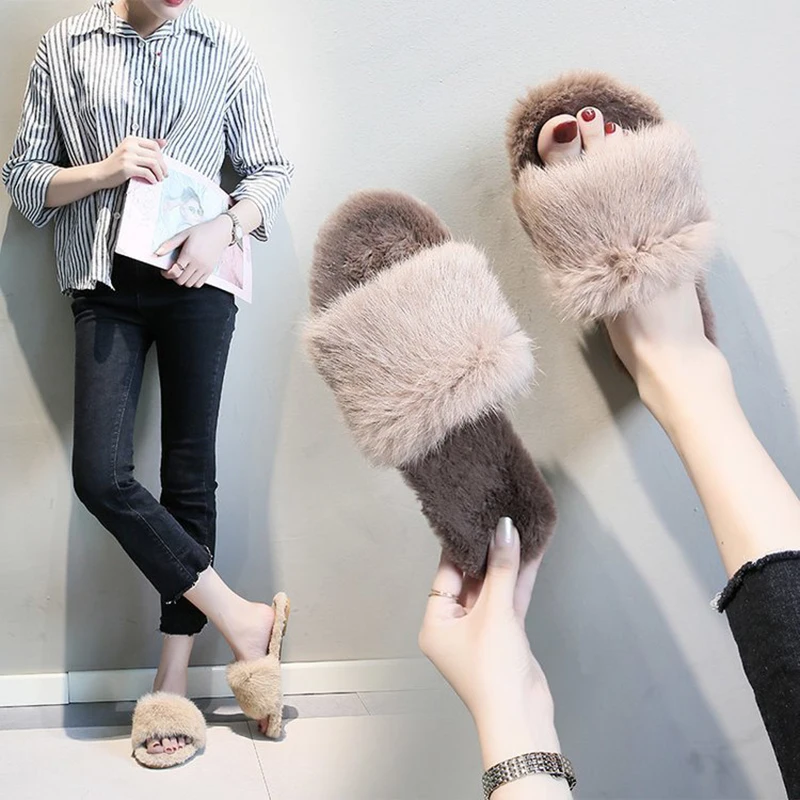 

Women Winter Slipper Furry Slides Women Home Slippers Winter Warm Shoes Slip On Flats Slides Female Faux Fur Slippers MTX80