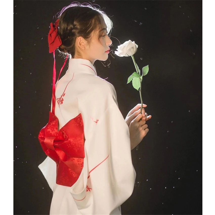 Japanese Kimono Japanese Style Traditional Kimono Casual Samurai Women Ladies Geisha White Haori Yukata Bowknot Loose Clothes