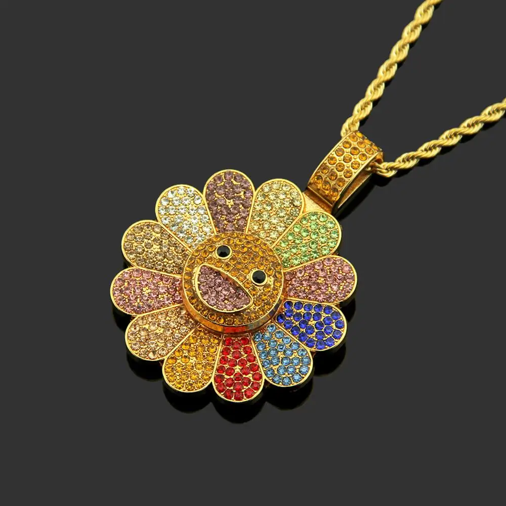 

2019 Men Hip hop iced out bling Sunflower shape pendant necklaces originality rotatable pendants Necklace Hiphop charm jewelry