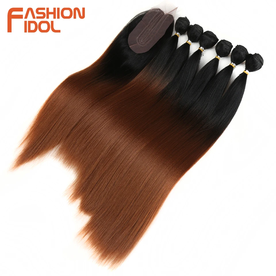 FASHION IDOL Yaki Straight Hair Bundles 7Pcs/Pack 16-20inch Ombre 613# Synthetic Hair Bundles With Closure Weave Hair Extension