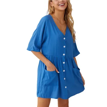 

Cotton Linen Casual Dress Buttons Through Women Short Sleeve Pockets Mini Dress Summer 2020 New Loose Solid Dresses V-Neck