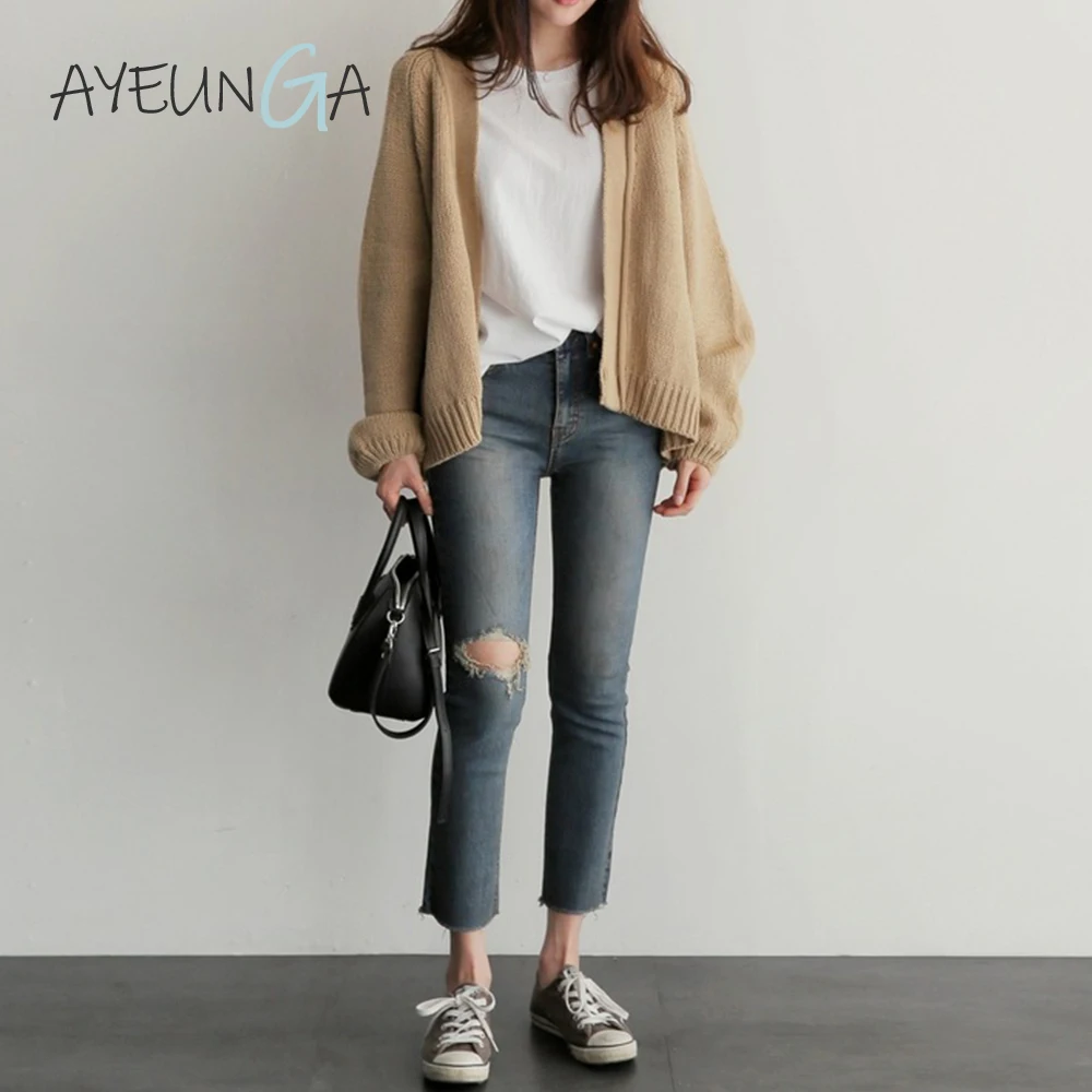 

Oversize Female Cardigan Autumn Causal Korean Style Women's Sweaters Preppy Puff Sleeve Cardigan Knitted Jacket